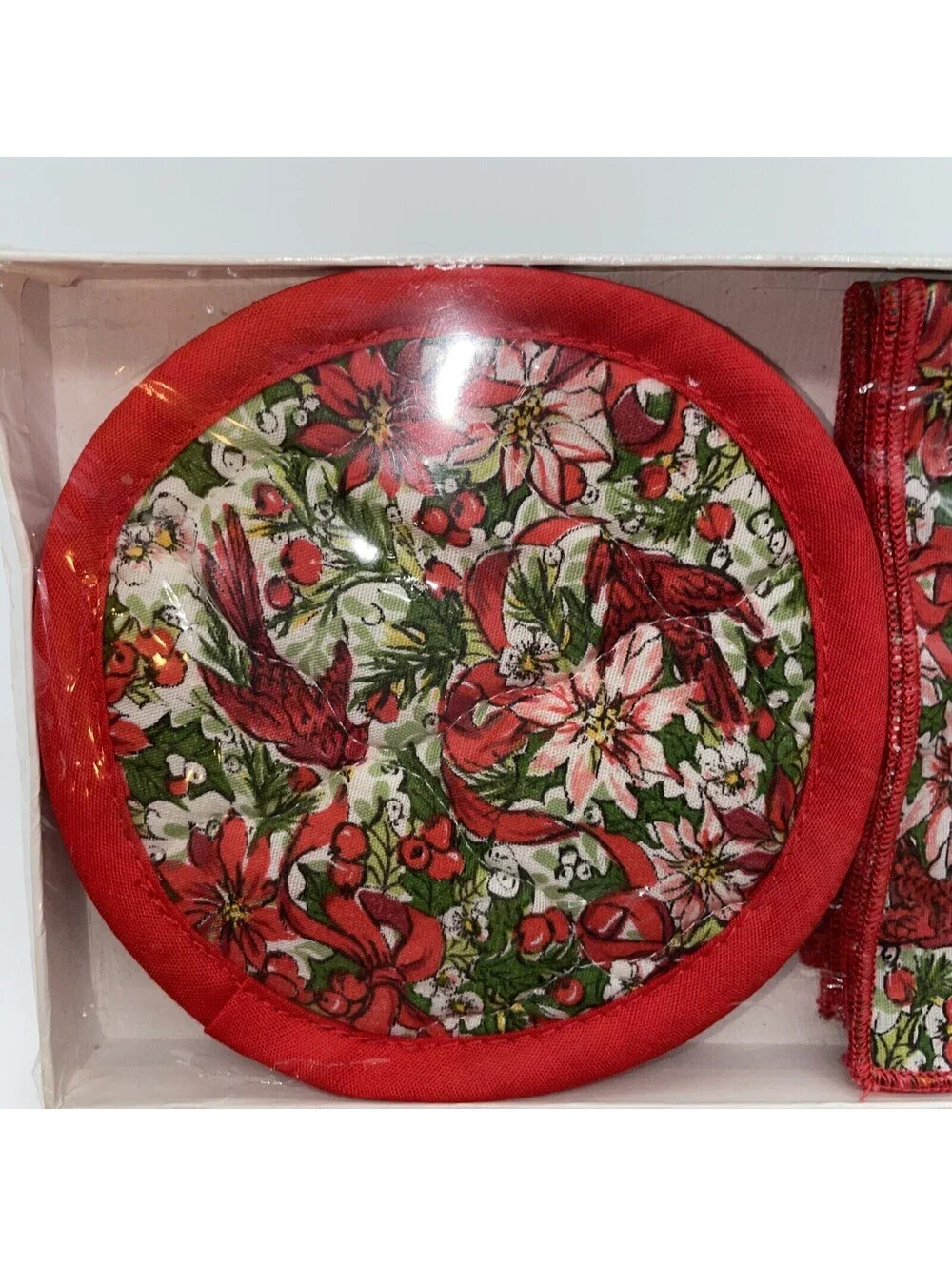 Vintage Quilted Christmas Coasters Napkins Cardinals Poinsettia